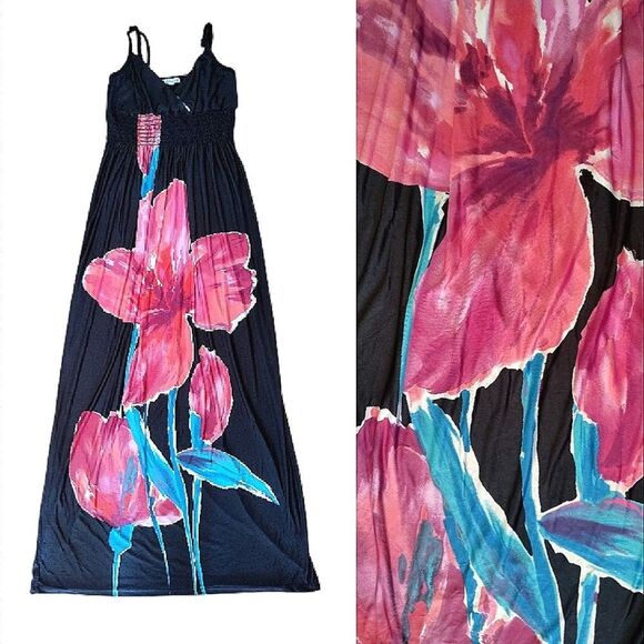 Y2K Black Pink Floral Hawaiian Maxi Tank Dress Size Small *fits Sm- Med - Picture 1 of 12